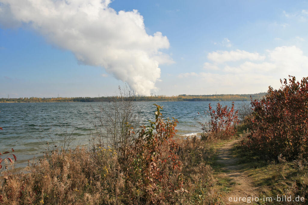 Detailansicht von Blausteinsee mit Kraftwerk Weisweiler