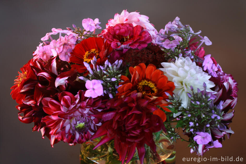 Detailansicht von Blumenstrauß mit Dahlien, Zinnien, Phlox und Fetthenne