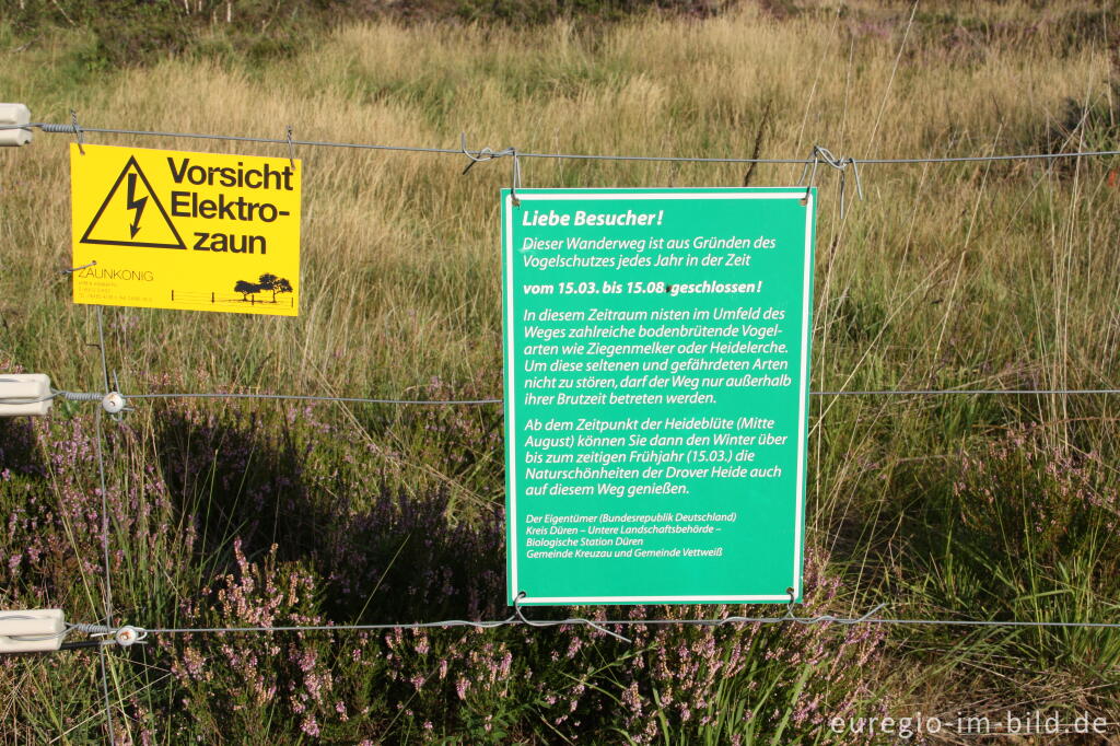 Elektrozaun und Hinweisschild in der Drover Heide