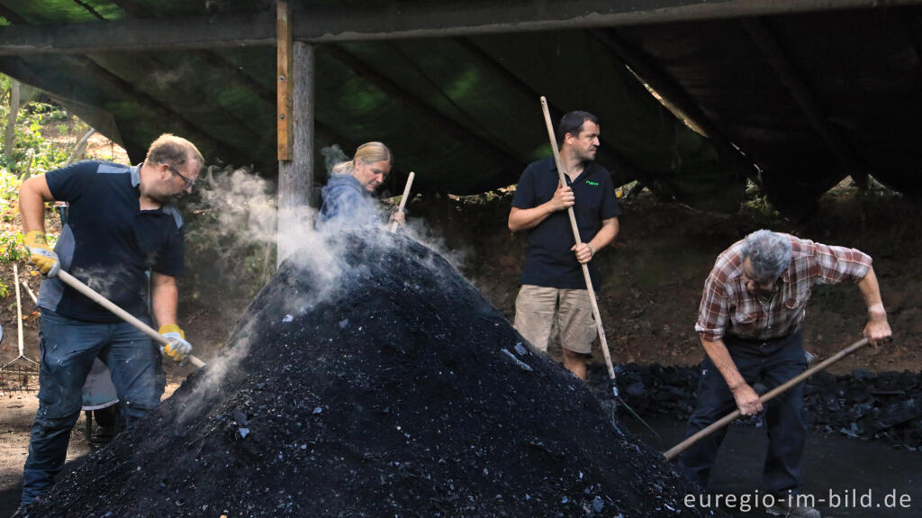 Detailansicht von Ernte der Holzkohle des Kohlenmeilers von Düttling bei Heimbach