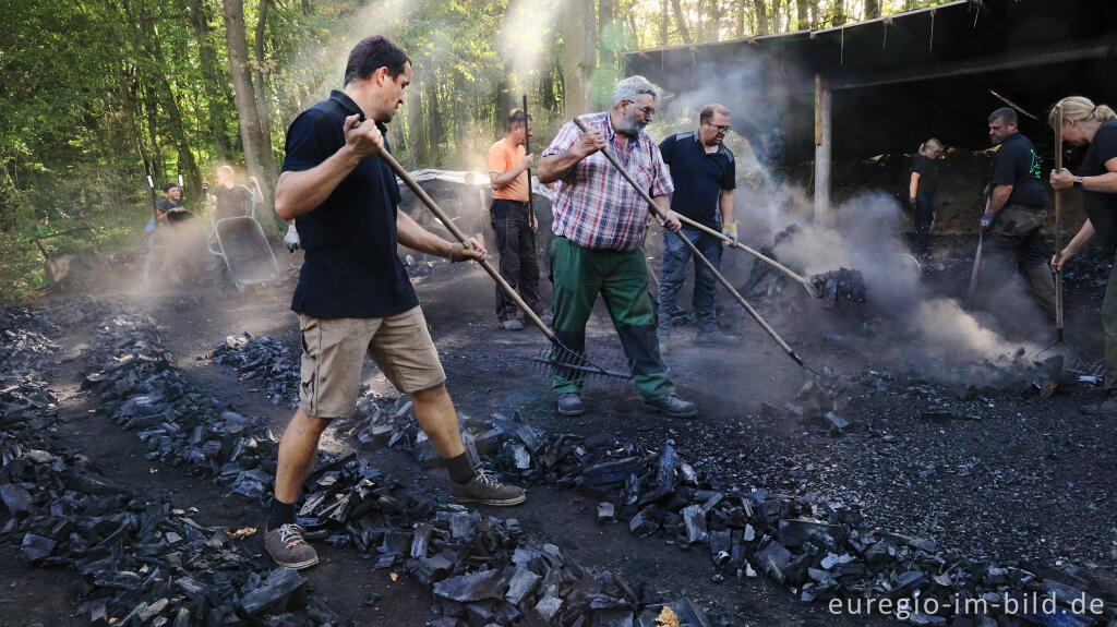 Detailansicht von Ernte der Holzkohle des Kohlenmeilers von Düttling bei Heimbach