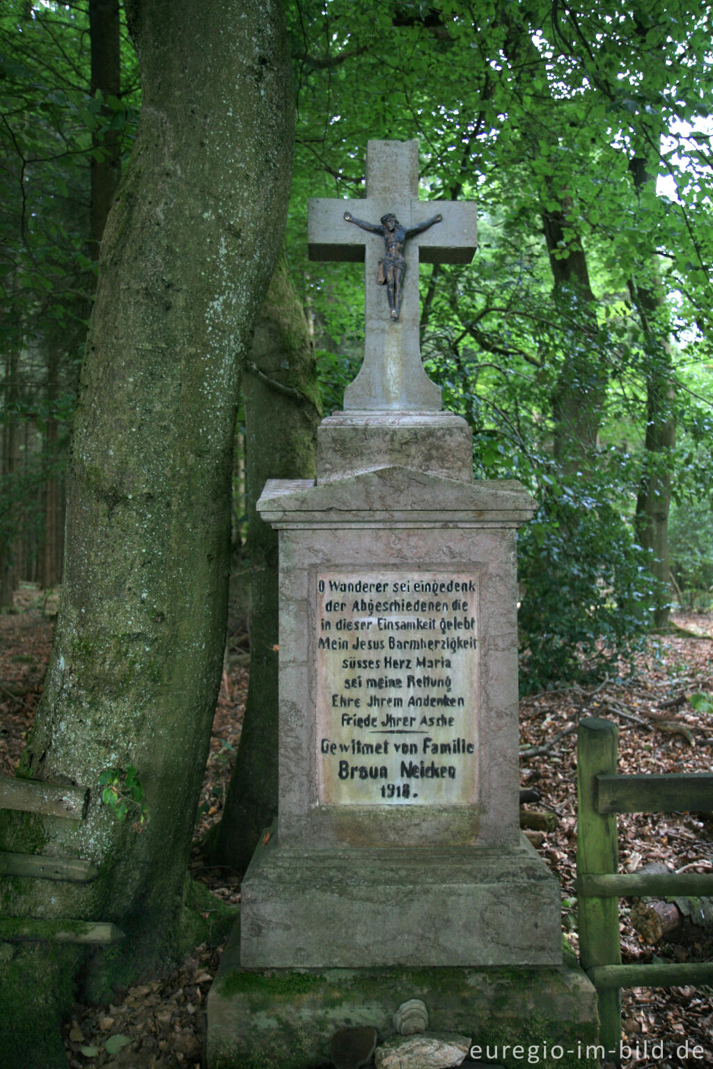 Detailansicht von Gedenkstein mit Kreuz bei der Wüstung Reinartzhof, Hohes Venn