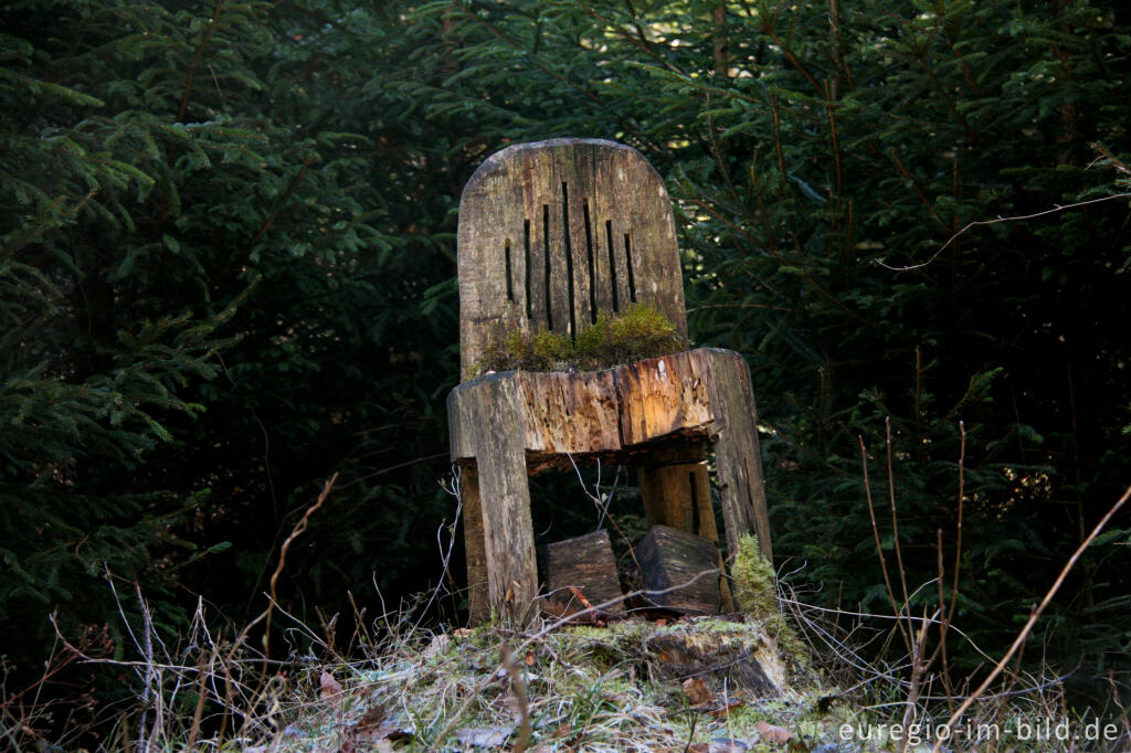 Detailansicht von Geschnitzter Stuhl am Wegesrand