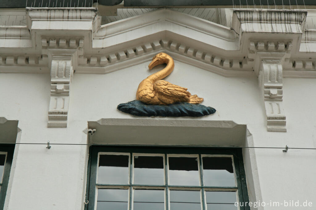 Detailansicht von Hausfassade mir goldenem Schwan, Aachen, Markt