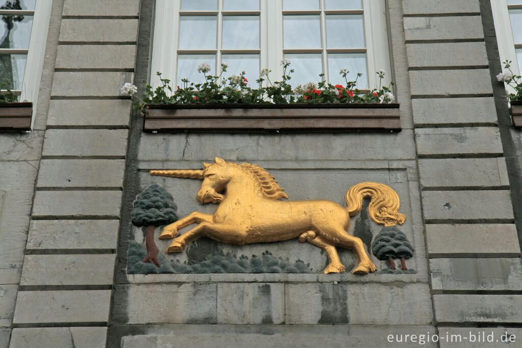 Detailansicht von Hausfassade mit goldenem Einhorn, Aachen, Markt