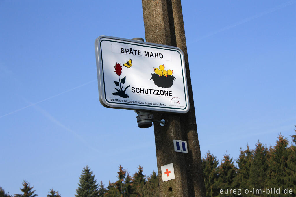 Detailansicht von Hinweisschild "Späte Mahd - Schutzzone" an der Buschhausstraße, Eynatterheide, Belgien