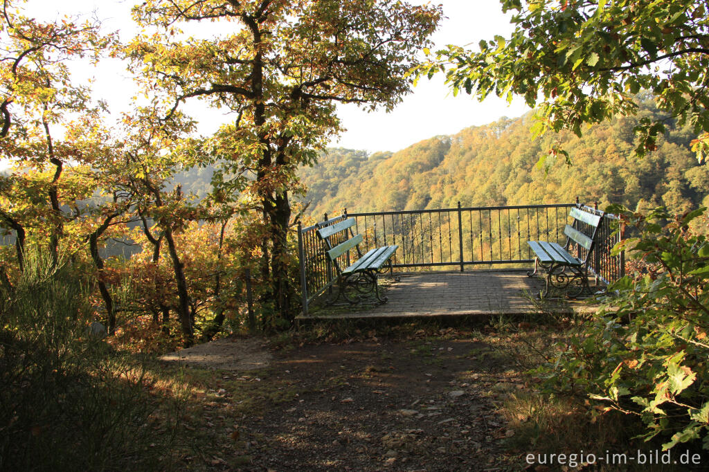 Detailansicht von Rastplatz auf dem Lieserpfad / Eifelsteig, südlich von Manderscheid