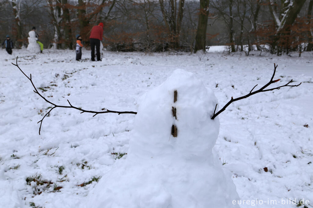 Detailansicht von Schneemann im Wintersportgebiet "Weißer Stein" bei Udenbreth in der Hocheifel