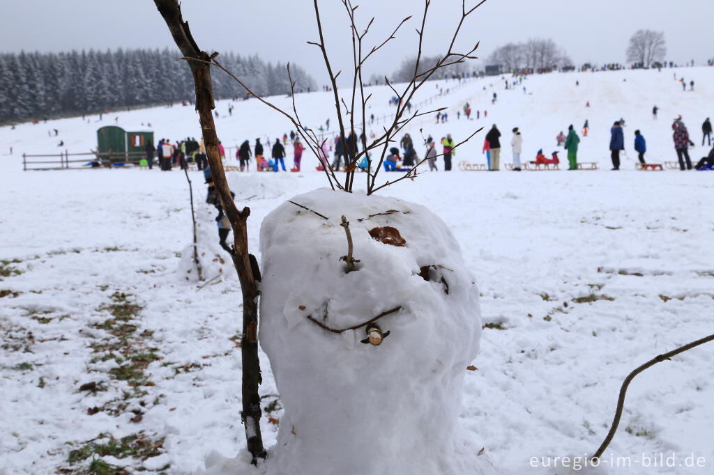 Detailansicht von Schneemann im Wintersportgebiet "Weißer Stein" bei Udenbreth in der Hocheifel