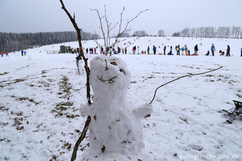 Detailansicht von Schneemann im Wintersportgebiet "Weißer Stein" bei Udenbreth in der Hocheifel