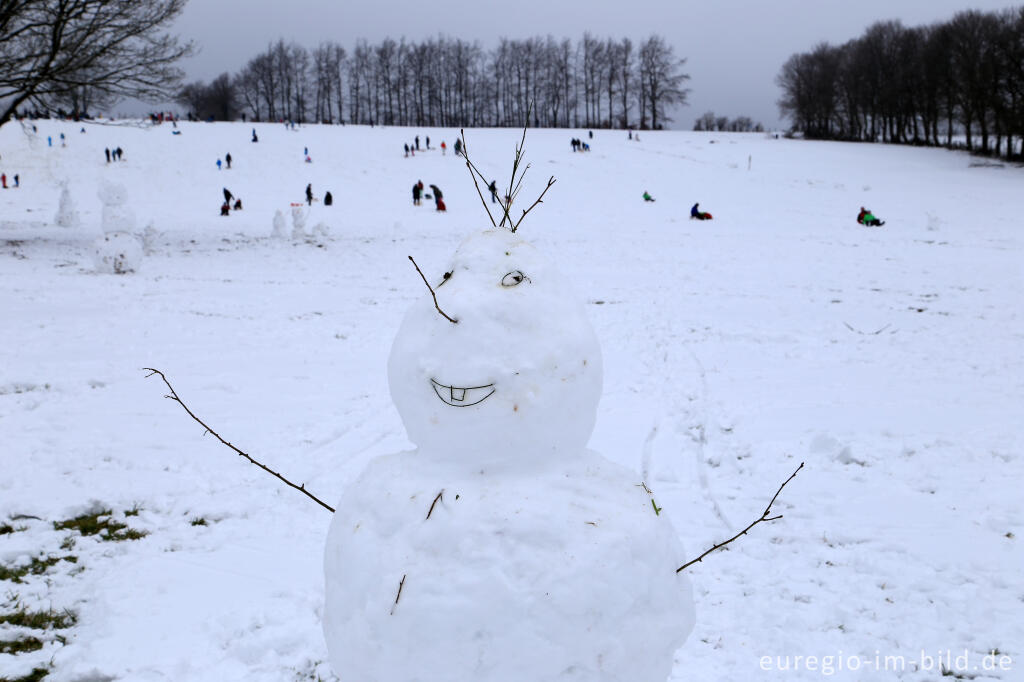 Detailansicht von Schneemann im Wintersportgebiet "Weißer Stein" bei Udenbreth in der Hocheifel