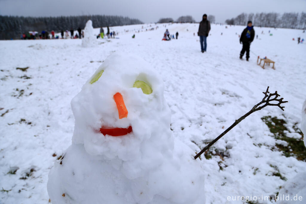 Detailansicht von Schneemann im Wintersportgebiet "Weißer Stein" bei Udenbreth in der Hocheifel