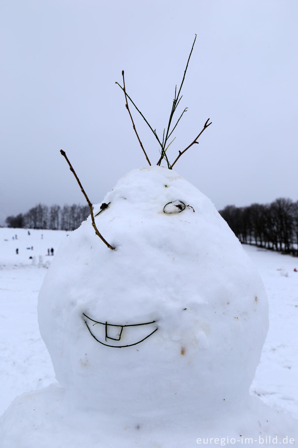 Detailansicht von Schneemann im Wintersportgebiet "Weißer Stein" bei Udenbreth in der Hocheifel