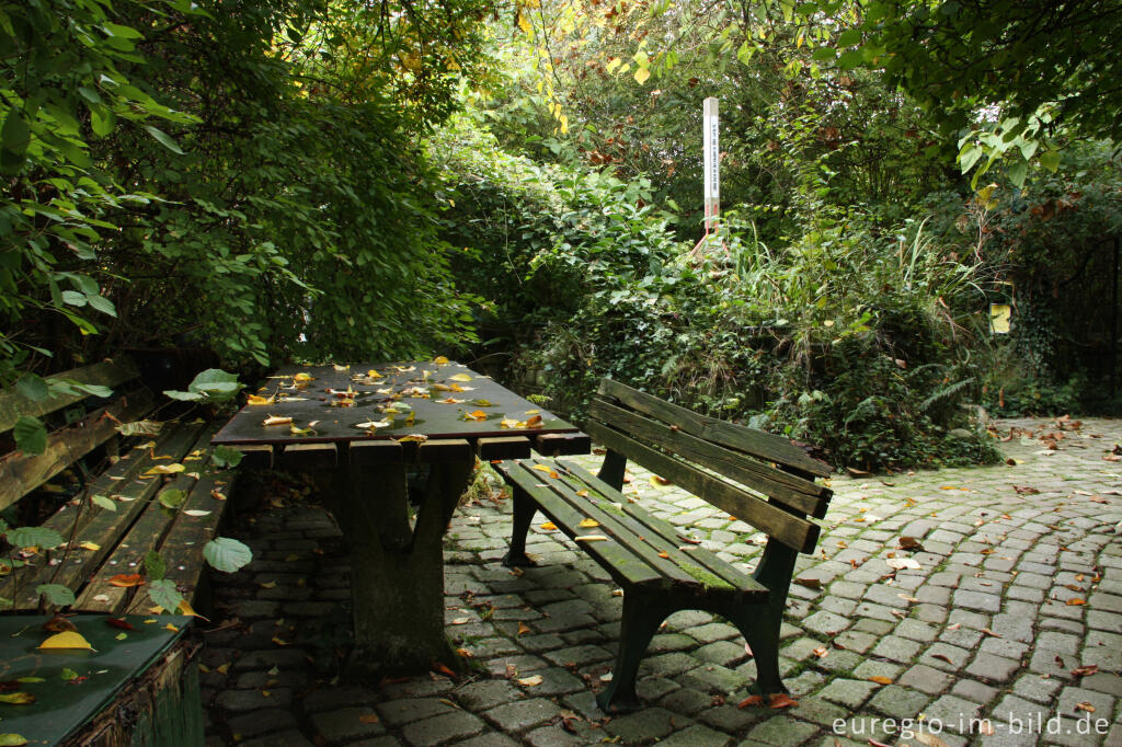 Detailansicht von Sitzplatz und Friedenspfahl im Hortus Dialogus