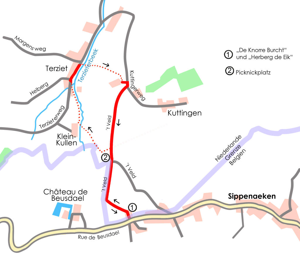 Detailansicht von Wanderkarte für einen kleinen Rundweg in Südlimburg bei Sippenaeken