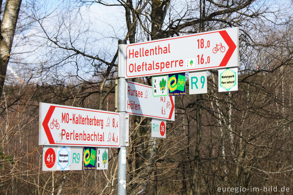 Detailansicht von Wegweiser für Wander- und Radwege im Perlenbachtal, Knotenpunkt 41