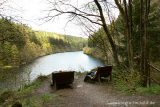 Ruhebänke bei der Perlenbachtalsperre, Eifelsteig